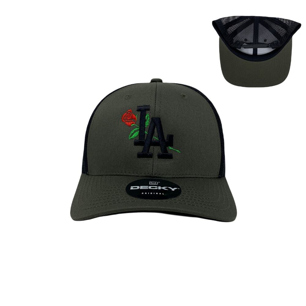 Los Angeles LA Rose Flower Black Trucker Hat in Olive and Black